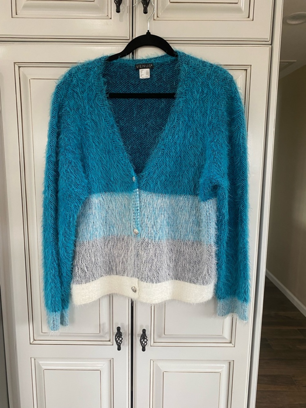 VENUS Teal Fuzzy Button-Front Colorblock Cardigan with Cream and Gray Stripes